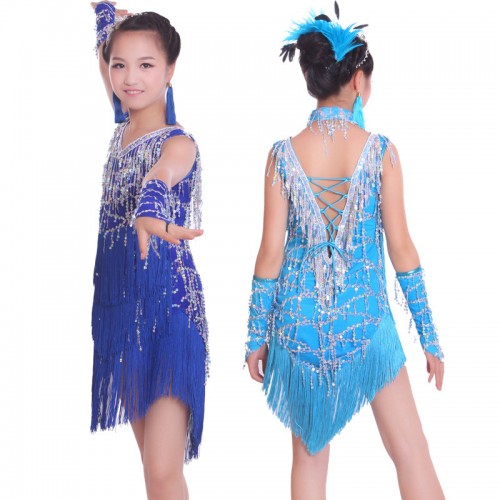 Girls latin dresses fringes sequined children kids girls competition performance latin salsa rumba dance dresses